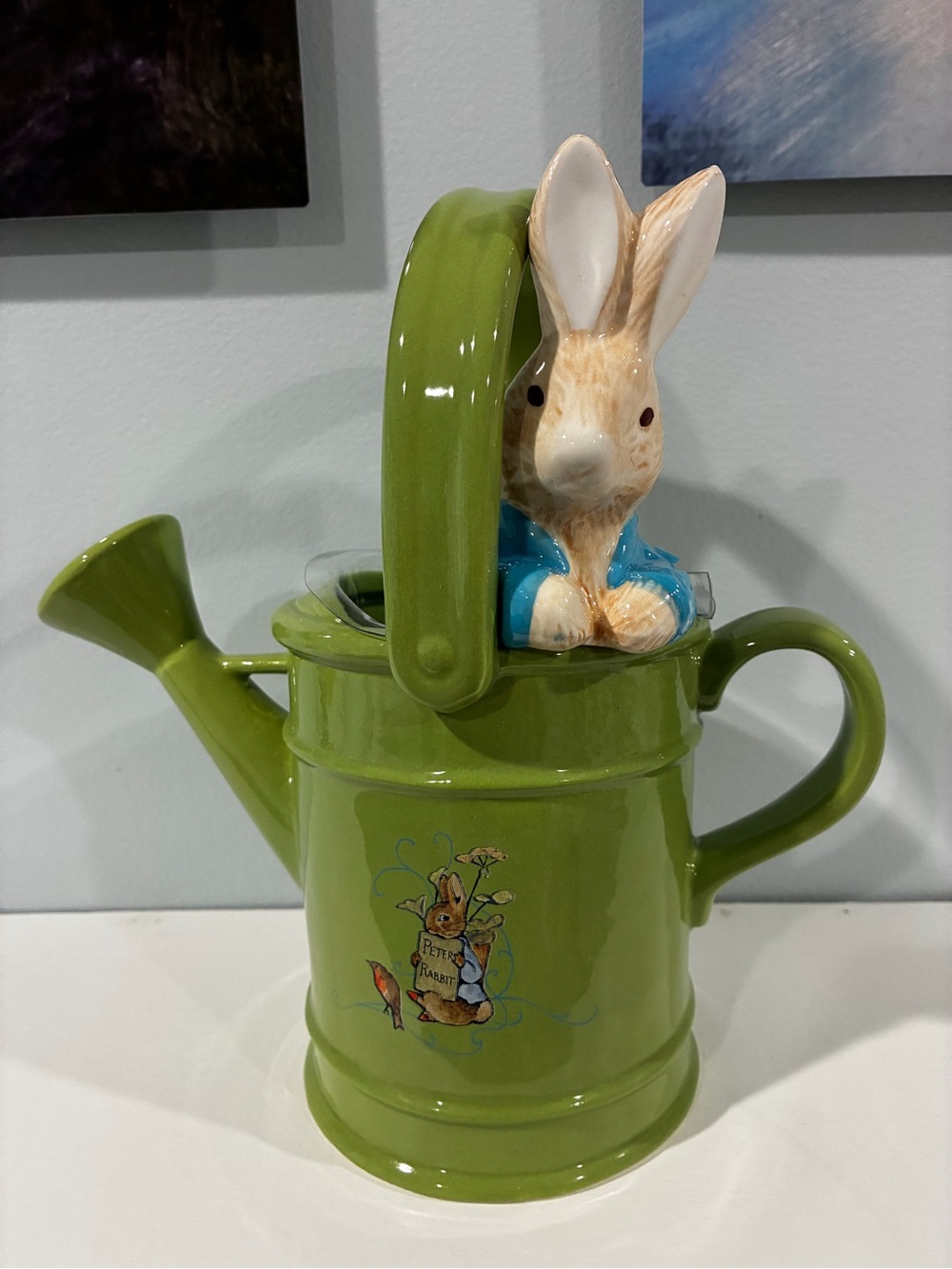 Green Ceramic Peter Rabbit Watering Can Planter Decor